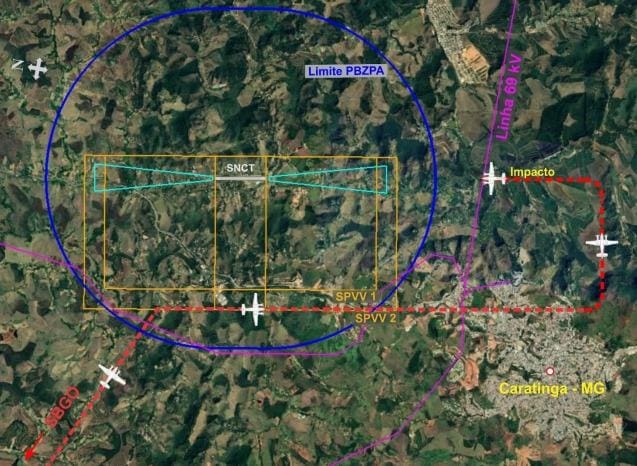 Ilustração mostra trajeto do avião e local ocorreu aerovane colidiu com linha de transmissão da Cemig. O círculo azul mostra a área de proteção do aeródromo de Ubaporanga, em Caratinga.
