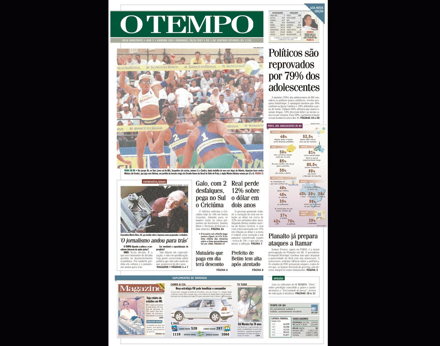 Capa do jornal O TEMPO no dia 28.9.1997; resgate do acervo marca as comemorações dos 25 anos da publicação