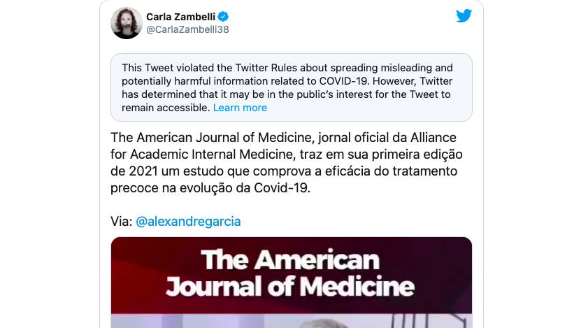 Tuíte de Carla Zambelli foi sinalizado pelo Twitter como enganoso