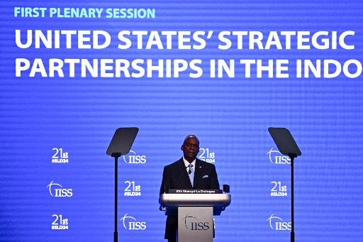 US Secretary of Defence Lloyd Austin speaks at the 21st Shangri-La Dialogue summit in Singapore on June 1, 2024. (Photo by NHAC NGUYEN / AFP)
