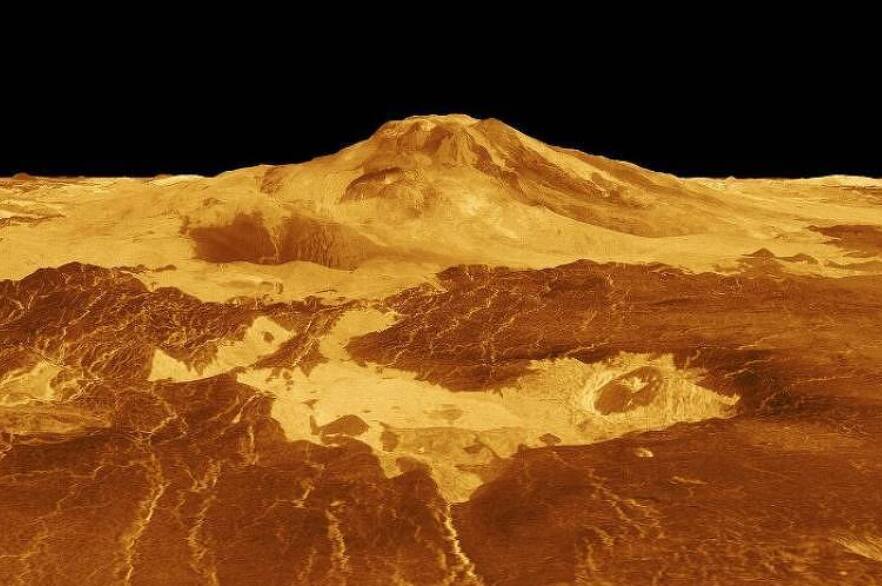 Vulcão Maat Mons em perspectiva tridimensional gerada por computador