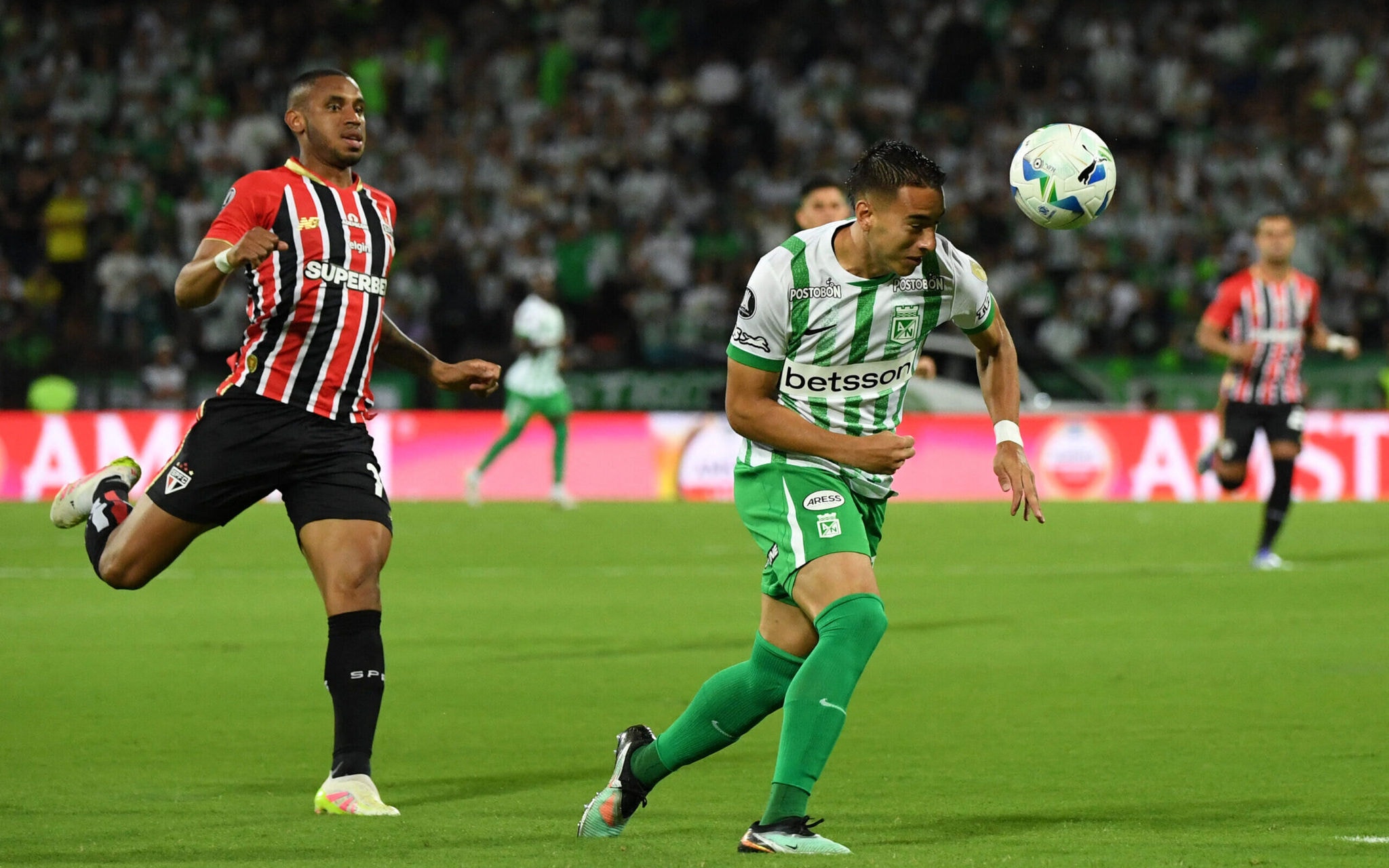Sao Paulo's forward #17 Andre Silva and Atletico Nacional's midfielder #23 Juan Jose Arias fight for the ball during the Copa Libertadores round of 16 first leg football match between Colombia's Atletico Nacional and Brazil's Sao Paulo, at the Atanasio Girardot stadium in Medellin, Colombia, on August 12, 2025. (Photo by Jaime SALDARRIAGA / AFP)