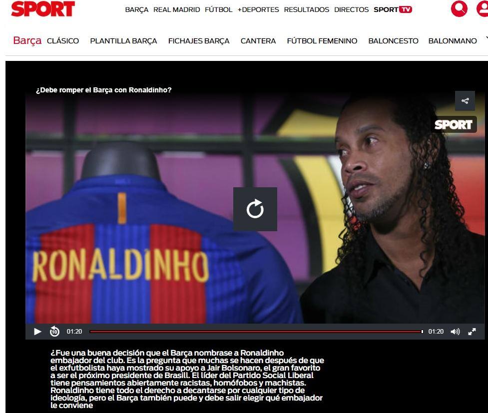 Jornal espanhol questionou se o Barcelona deveria manter Ronaldinho Gaúcho como seu embaixador