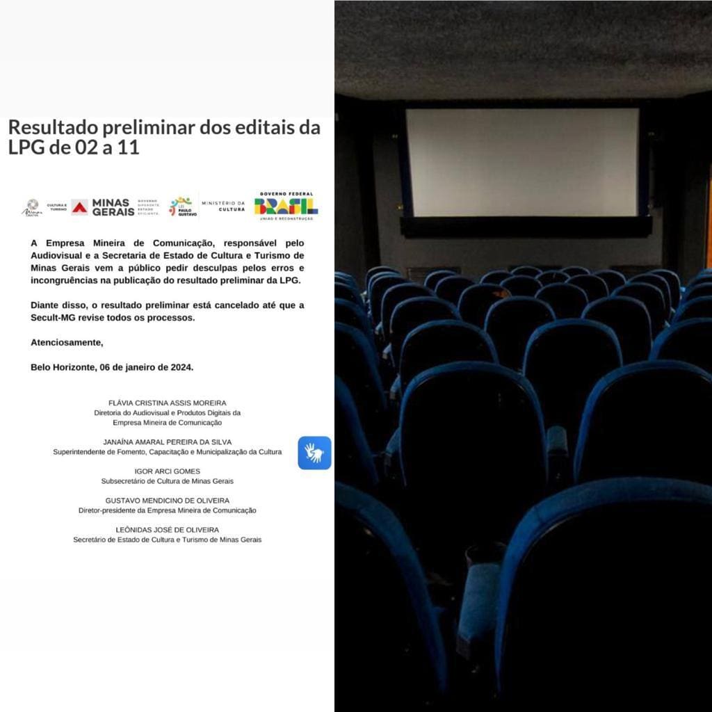 Montagem deixa contraposta a imagem de uma nota da Secult e EMC, que cancela o resultado preliminar dos editais da Lei Paulo Gustavo no Estado, e a foto de uma sala de cinema vazia