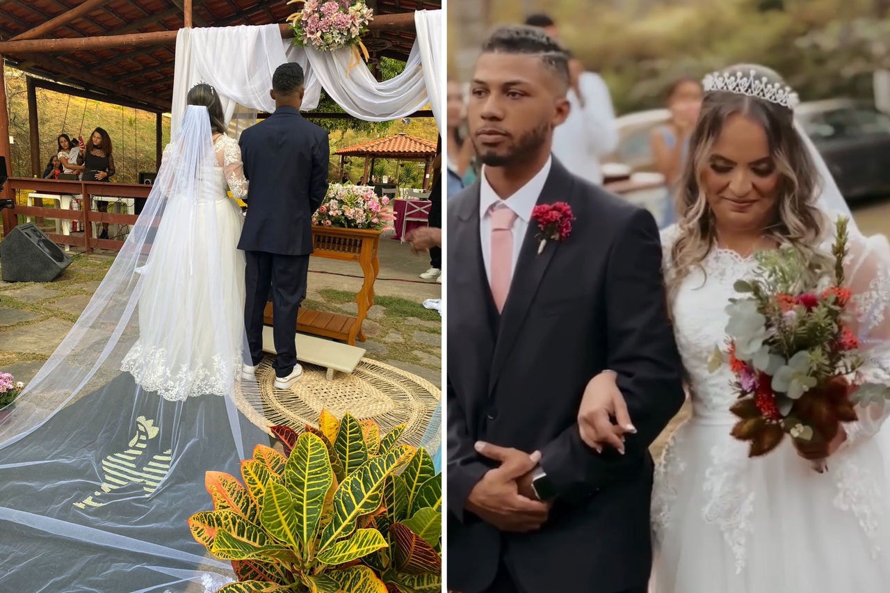 Jana Barrozo durante casamento com véu de noiva bordado com Galo Volpi 