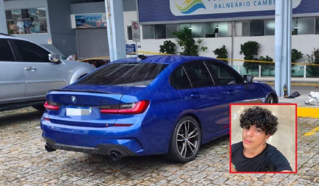 Foto mostra BMW e, no detalhe, Nicolas, vítima de 16 anos que estava no carro