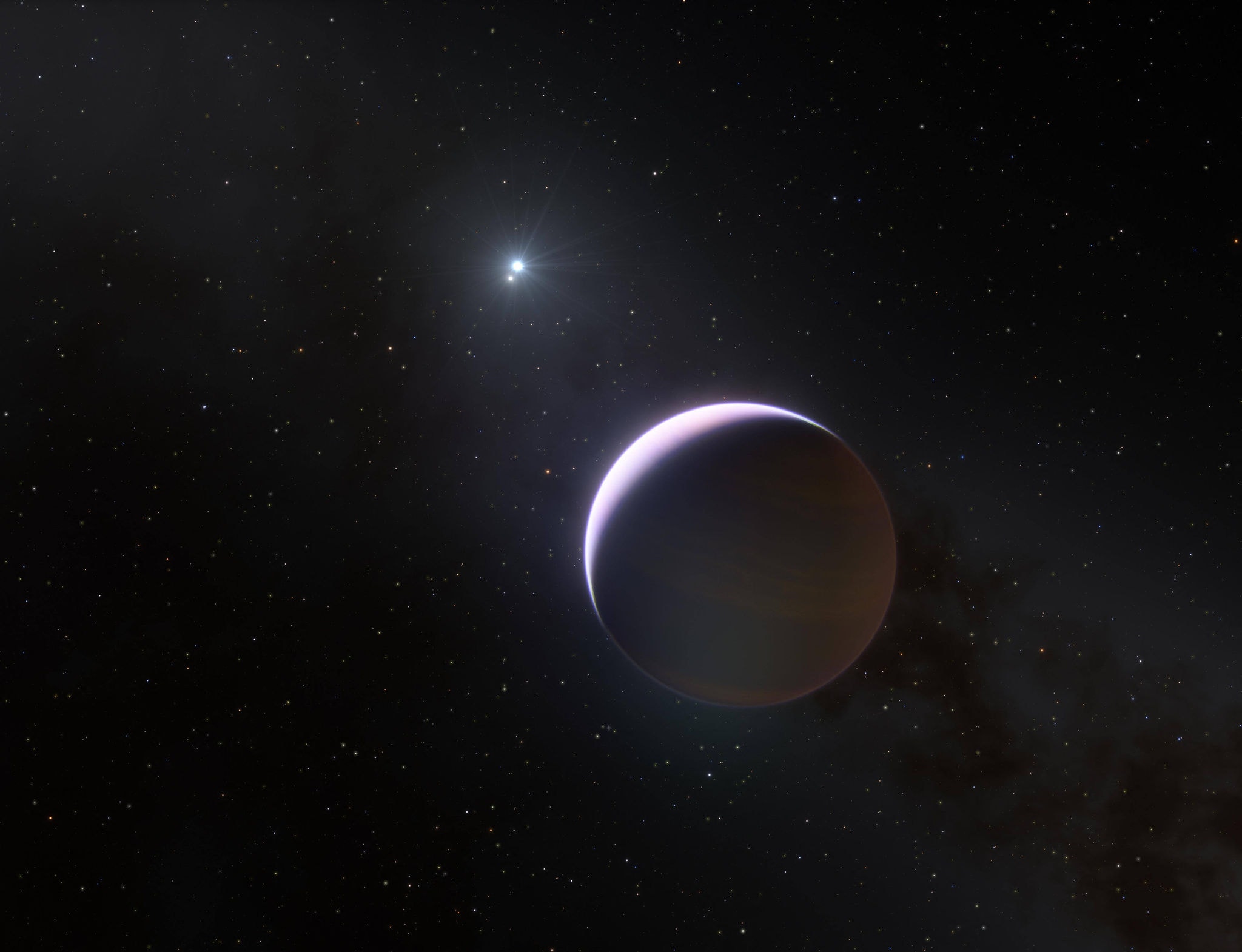 Zoom do planeta gigante de "b Centauri b" Esta é a primeira vez que os astrônomos observam diretamente um planeta orbitando um par de estrelas tão massivo e quente O planeta, visível como um ponto brilhante no canto inferior direito do quadro, é dez vezes mais massivo que Júpiter e orbita o par 100 vezes a distância que Júpiter orbita ao redor do sol O outro ponto brilhante na imagem (canto superior direito) é uma estrela de fundo