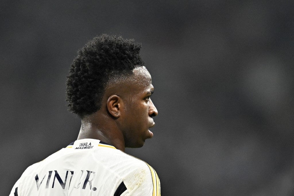 Real Madrid's Brazilian forward #07 Vinicius Junior looks on during the UEFA Champions League final football match between Borussia Dortmund and Real Madrid, at Wembley stadium, in London, on June 1, 2024. (Photo by INA FASSBENDER / AFP)