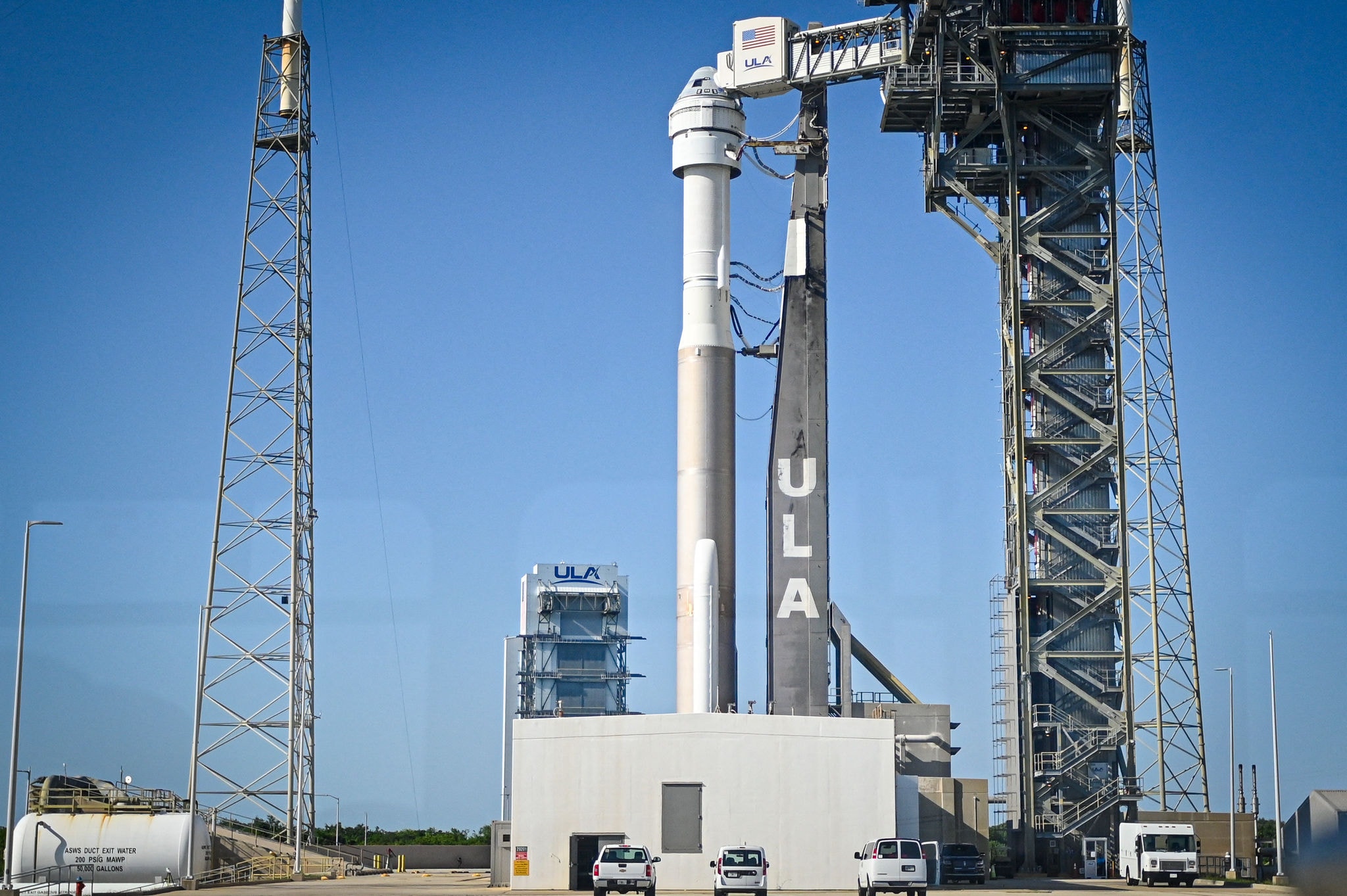 The United Launch Alliance (ULA) Atlas V rocket with Boeing's CST-100 Starliner spacecraft sits to Space Launch Complex 41 at Cape Canaveral Space Force Station Kennedy Space Center in Florida, on May 31, 2024. After years of delays, Boeing's Starliner spaceship is finally set to ferry astronauts to the International Space Station on June 1, 2024, marking a crucial step for both the US aerospace giant and NASA's commercial outsourcing strategy. (Photo by Miguel J. Rodriguez Carrillo / AFP)