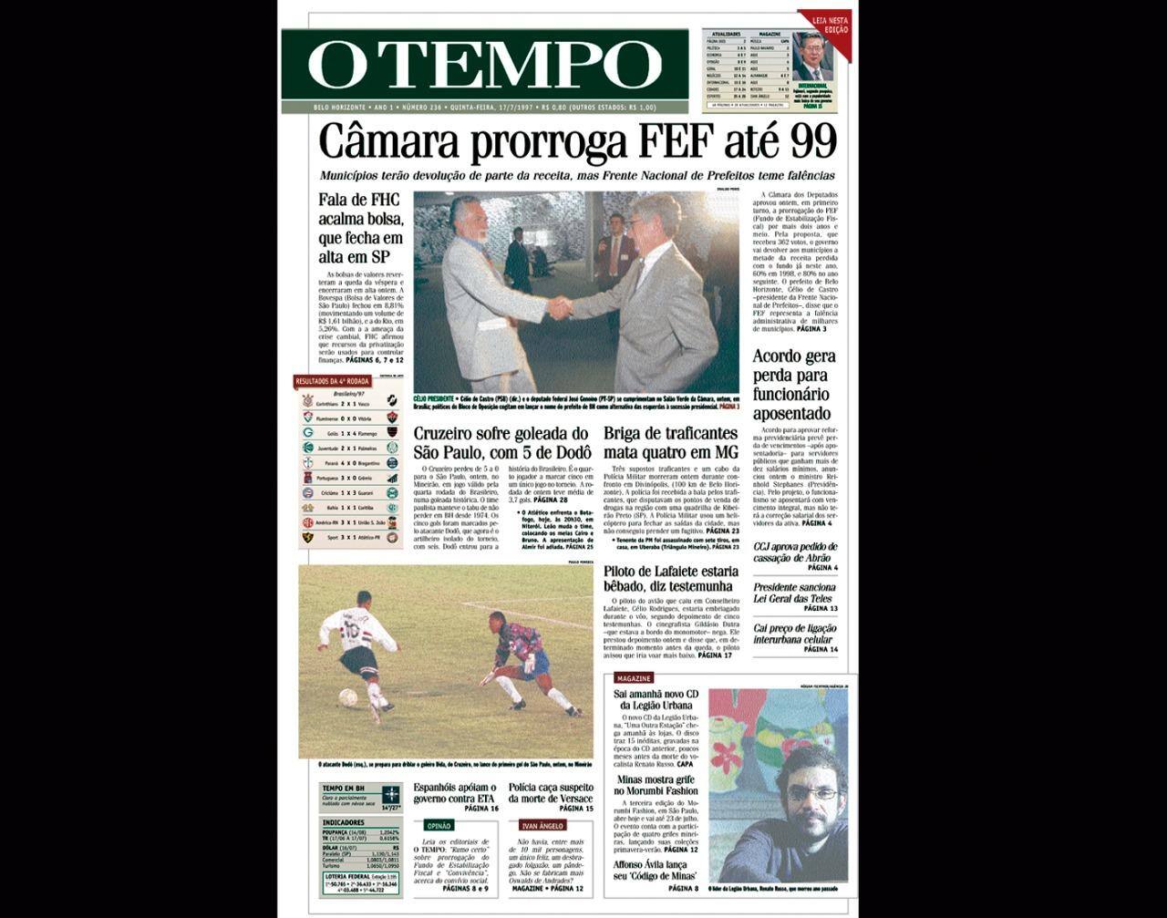 Capa do jornal O TEMPO no dia 17.7.1997; resgate do acervo marca as comemorações dos 25 anos da publicação