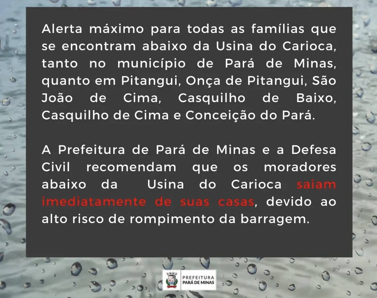 Prefeitura de Pará de Minas divulga nas redes sociais 'alerta máximo' para rompimento de barragem