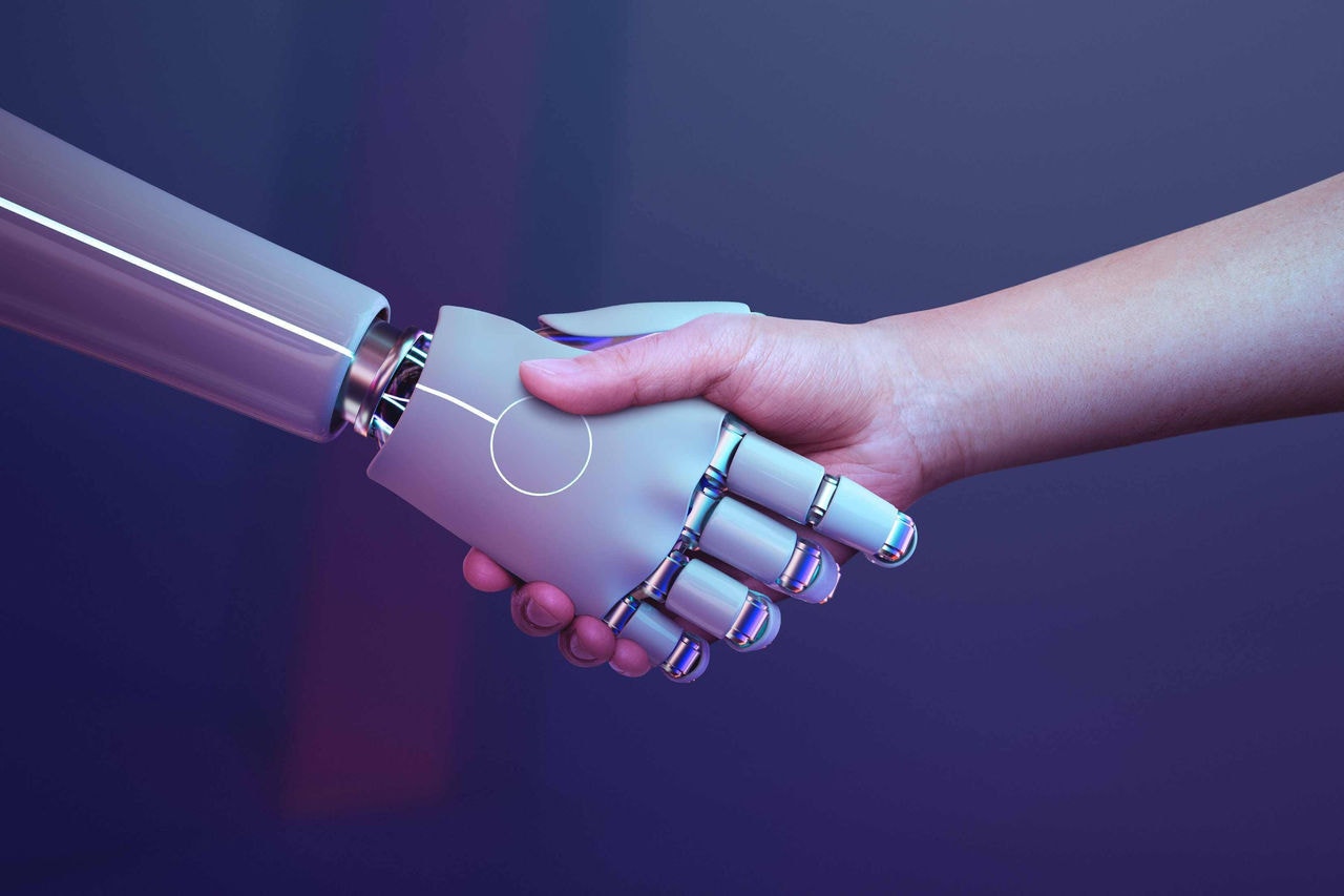 Aperto de mão entre robô e humano inteligência artificial IA