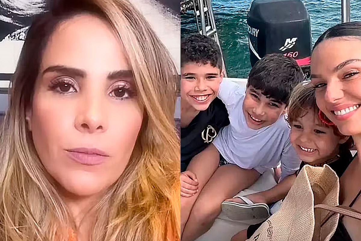 Wanessa Camargo à esq; Isis Valverde posa, da esq para dir, com José Marcus e João Francisco, filhos da cantora com Buaiz, e com Rael, filho dela com André Resende 