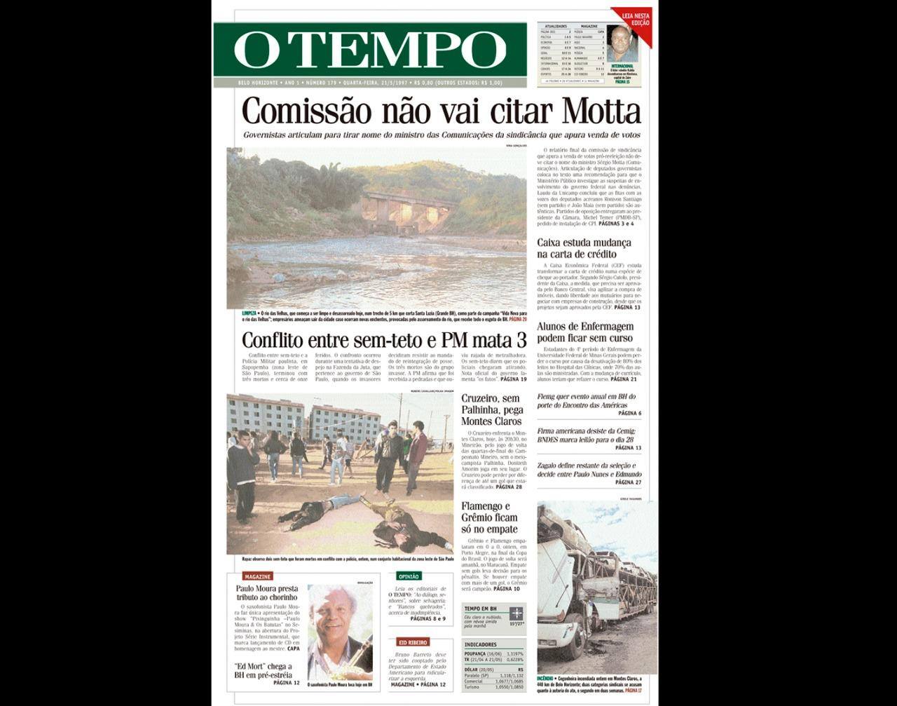 Capa do jornal O TEMPO no dia 21.5.1997; resgate do acervo marca as comemorações dos 25 anos da publicação