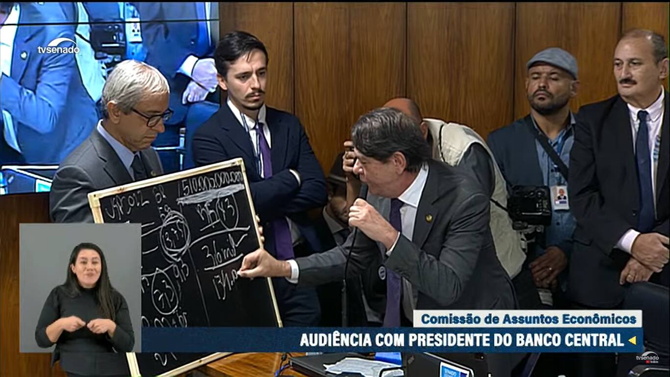 Senador Cid Gomes usou quadro negro ao falar com o presidente do Banco Central, Roberto Campos Neto, nesta terça-feira (25) no Senado