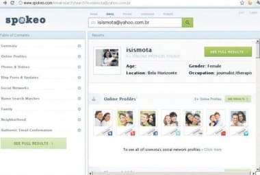 Digitar um endereço de e-mail no Spokeo retorna até tweets, fotos e localidade
