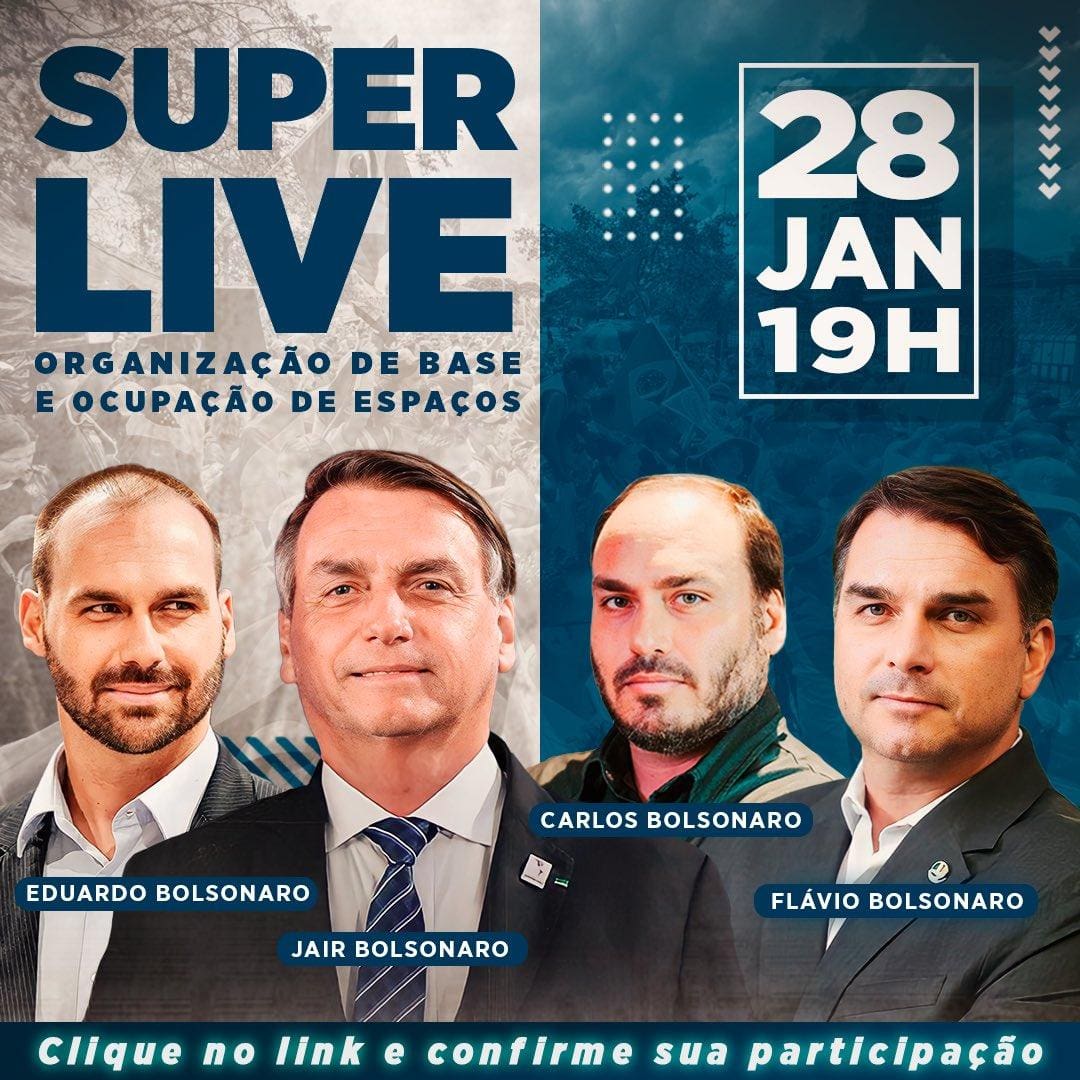 Transmissão ao vivo com o ex-presidente Jair Bolsonaro e seus três filhos busca preparar e fortalecer candidaturas do PL em outubro