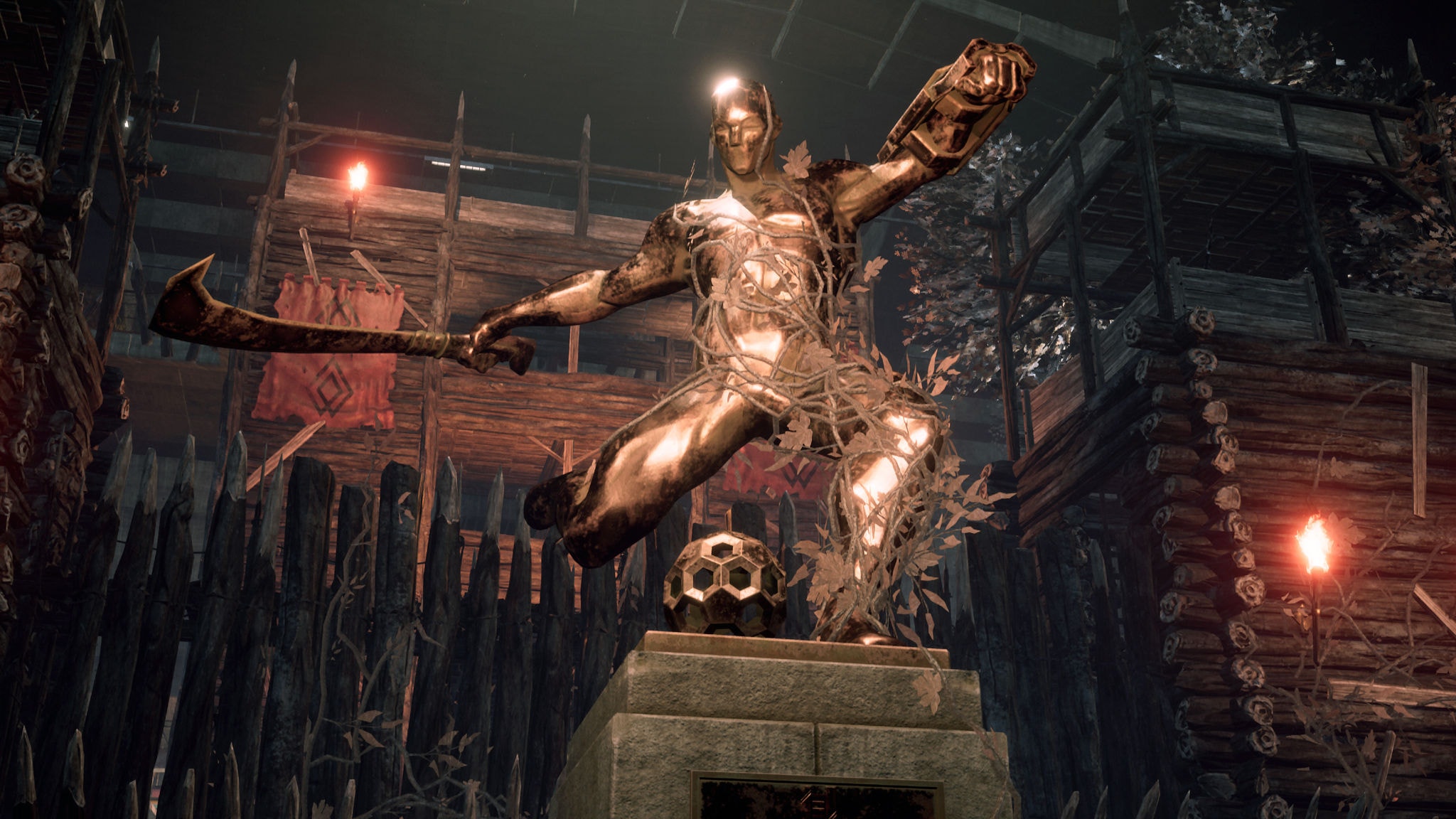 Cenário do jogo 'Deathbound' com estátua simulando um chute a uma bola de futebol