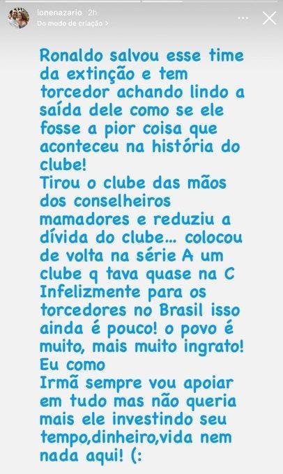 Irmã de Ronaldo Nazário não poupou críticas aos torcedores do Cruzeiro