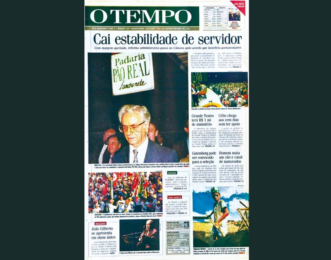 Capa do jornal O TEMPO no dia 10.4.1997; resgate do acervo marca as comemorações dos 25 anos da publicação