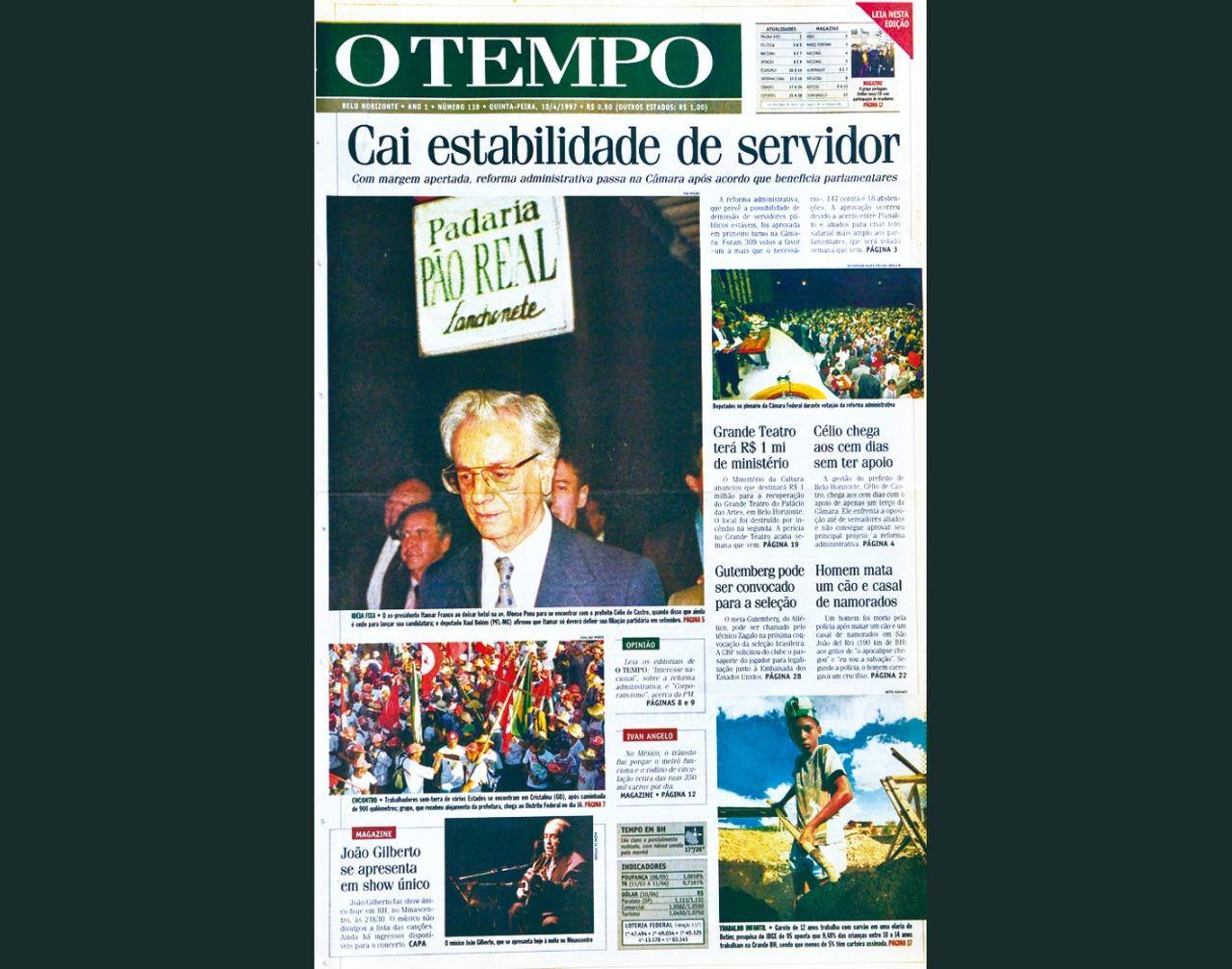Capa do jornal O TEMPO no dia 1041997; resgate do acervo marca as comemorações dos 25 anos da publicação