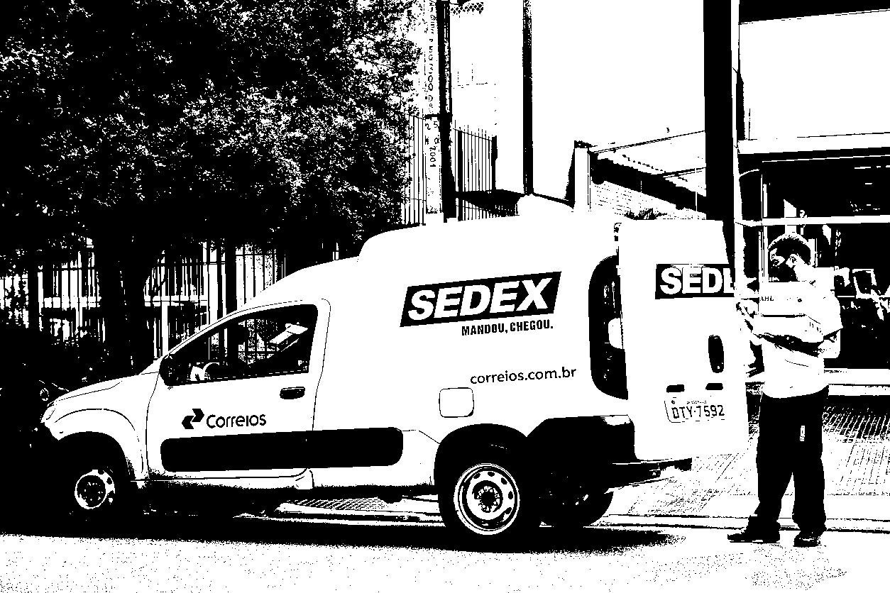 Sao Paulo, Brazil April, 24 - 2021: Logistic van from the Brazilian Post Office. Worker delivers sedex mail with anti covid mask, Brazil. Brazilian government announces privatization of state-owned company