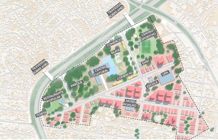 Foto mostra a proposta com todos os equipamentos a serem construídos: UPA, escolas, centro esportivo, pista de skate, um centro cultural, 4500 moradias populares, um restaurante popular, além de um parque