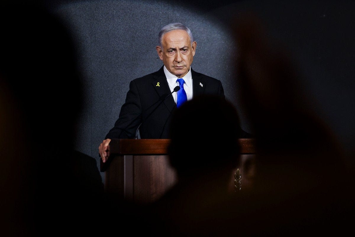 Israeli Prime Minister Benjamin Netanyahu delivers a statement during the US Independence Day reception, known as the annual "Fourth of July" celebration, hosted by Newsmax in Jerusalem on August 13, 2025. (Photo by Ronen Zvulun / POOL / AFP)