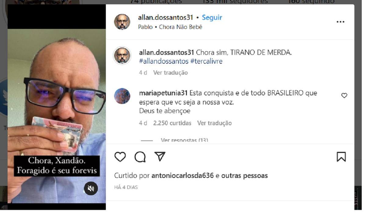 Allan dos Santos está foragido nos Estados Unidos e tem ironizado Alexandre de Moraes