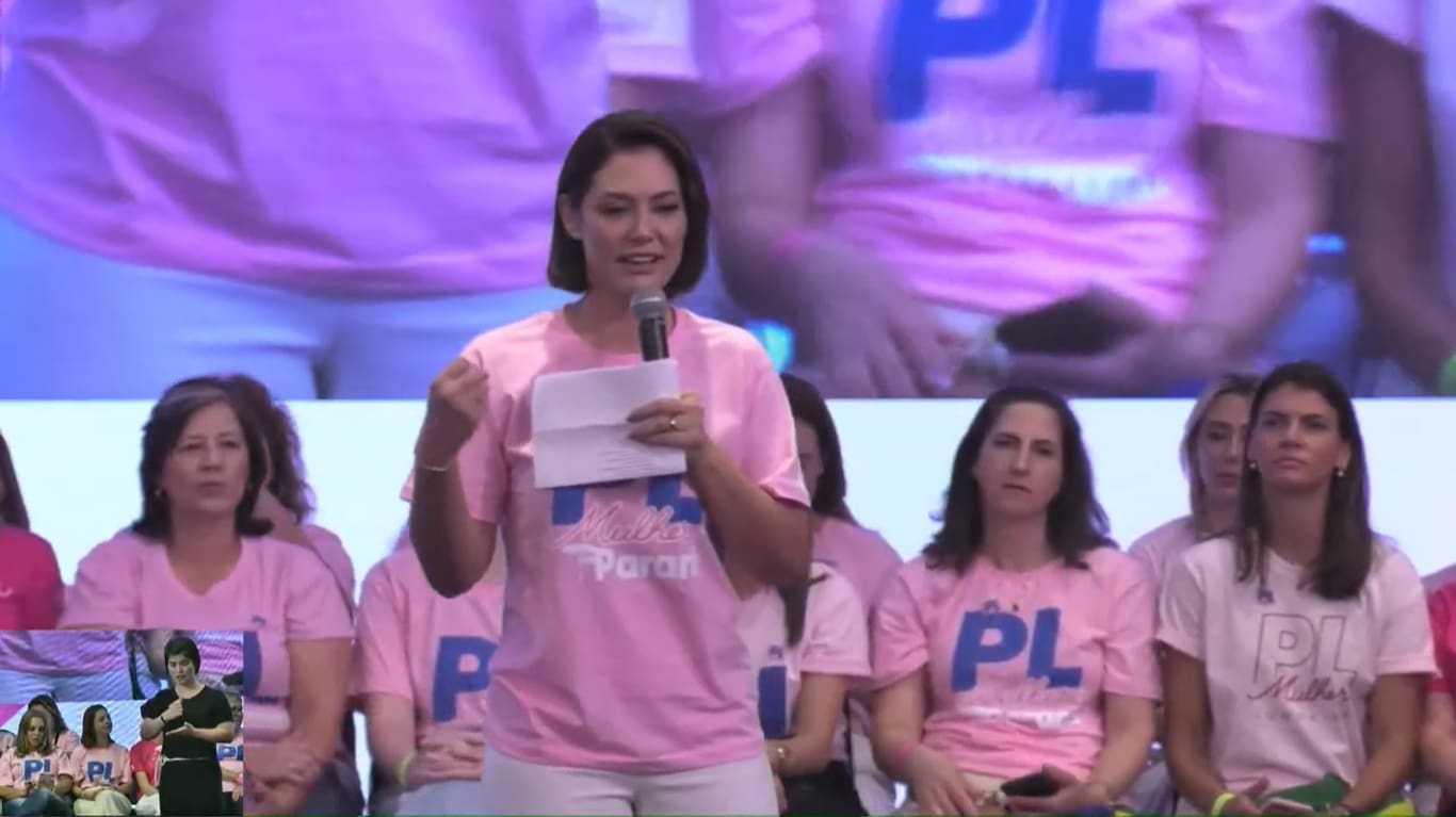 A ex-primeira-dama Michelle Bolsonaro em evento do PL Mulher, em Curitiba