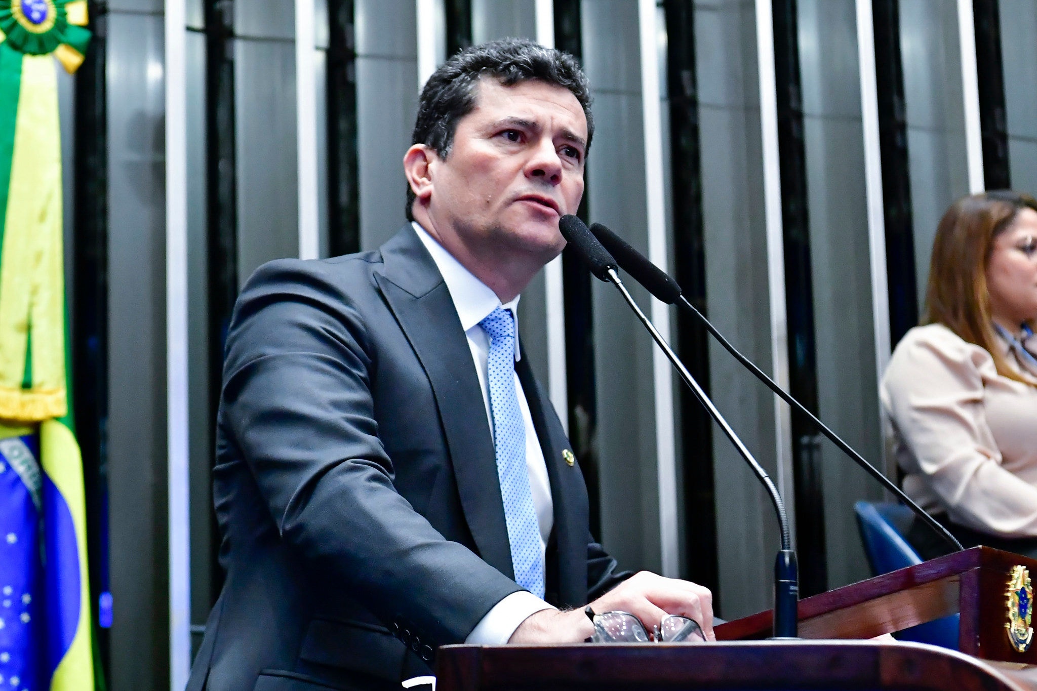 O senador Sergio Moro (União Brasil-PR) em discurso na Tribuna do Senado