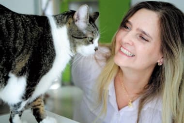 Inseparáveis. Mirian tem dez gatos em casa e dois deles a acompanham por toda parte, inclusive no trabalho