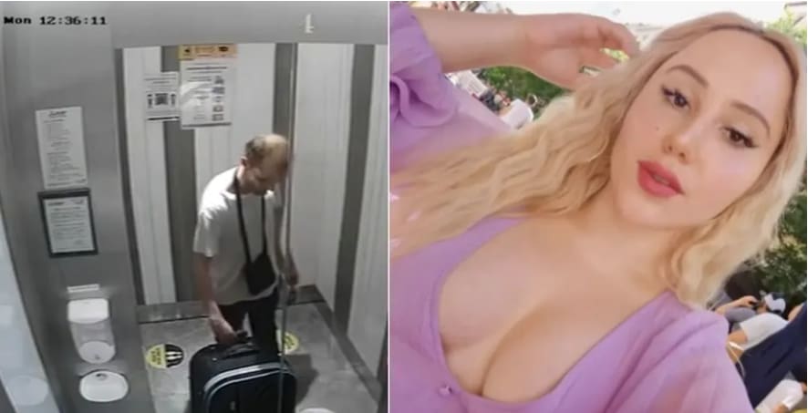 Imagem do suspeito saindo com mala que cotinha partes do corpo da namorada esquartejada