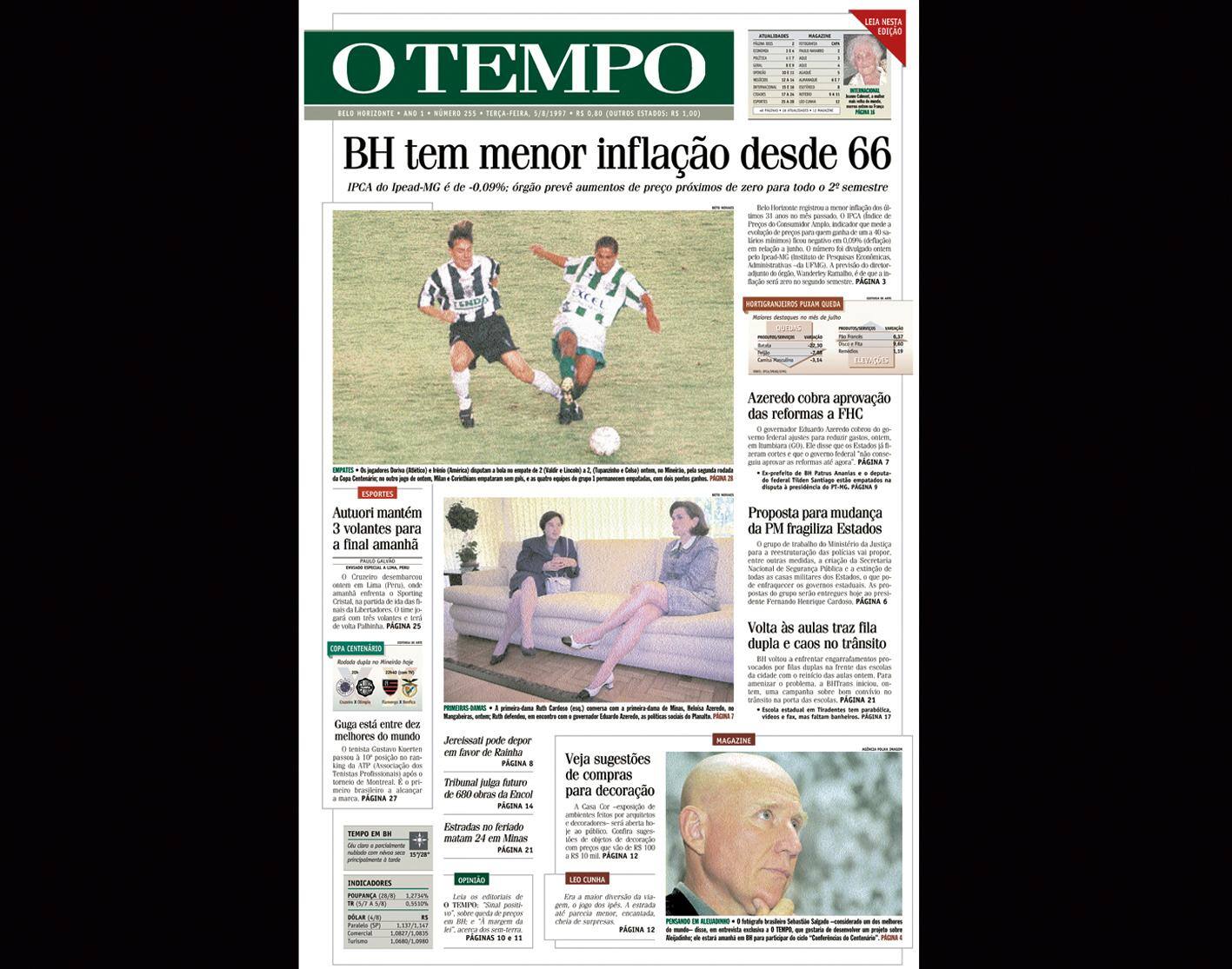 Capa do jornal O TEMPO no dia 5.8.1997; resgate do acervo marca as comemorações dos 25 anos da publicação