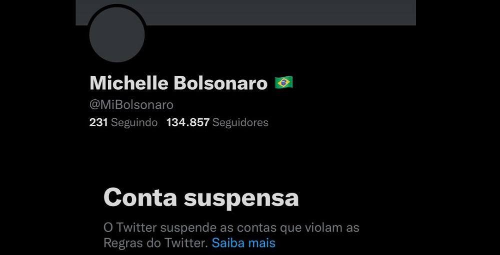 Conta atribuída a Michelle Bolsonaro é suspensa pelo Twitter