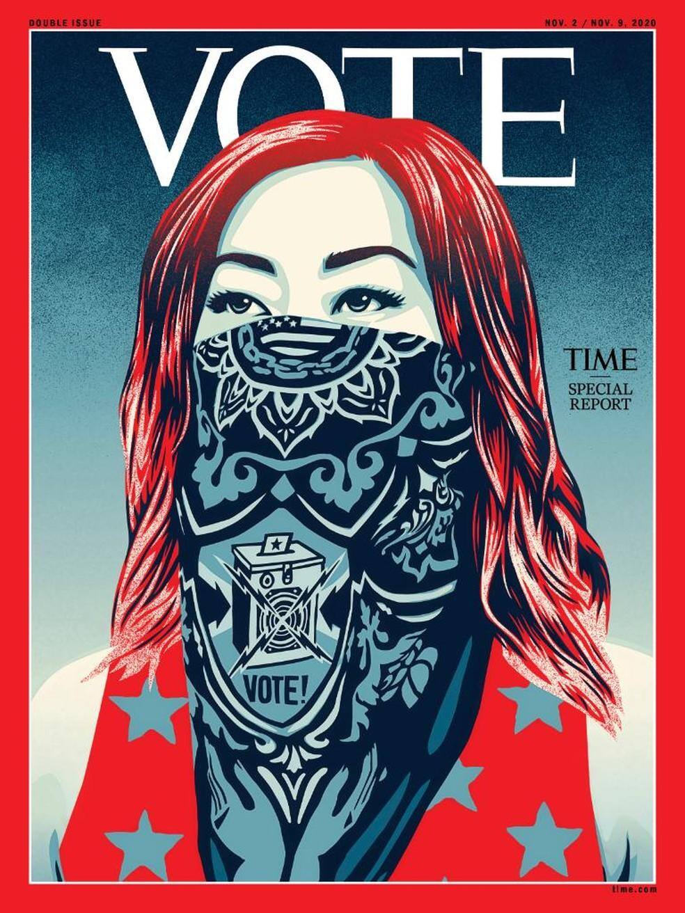 A capa da revista 'Time' com o termo 'Vote' em destaque