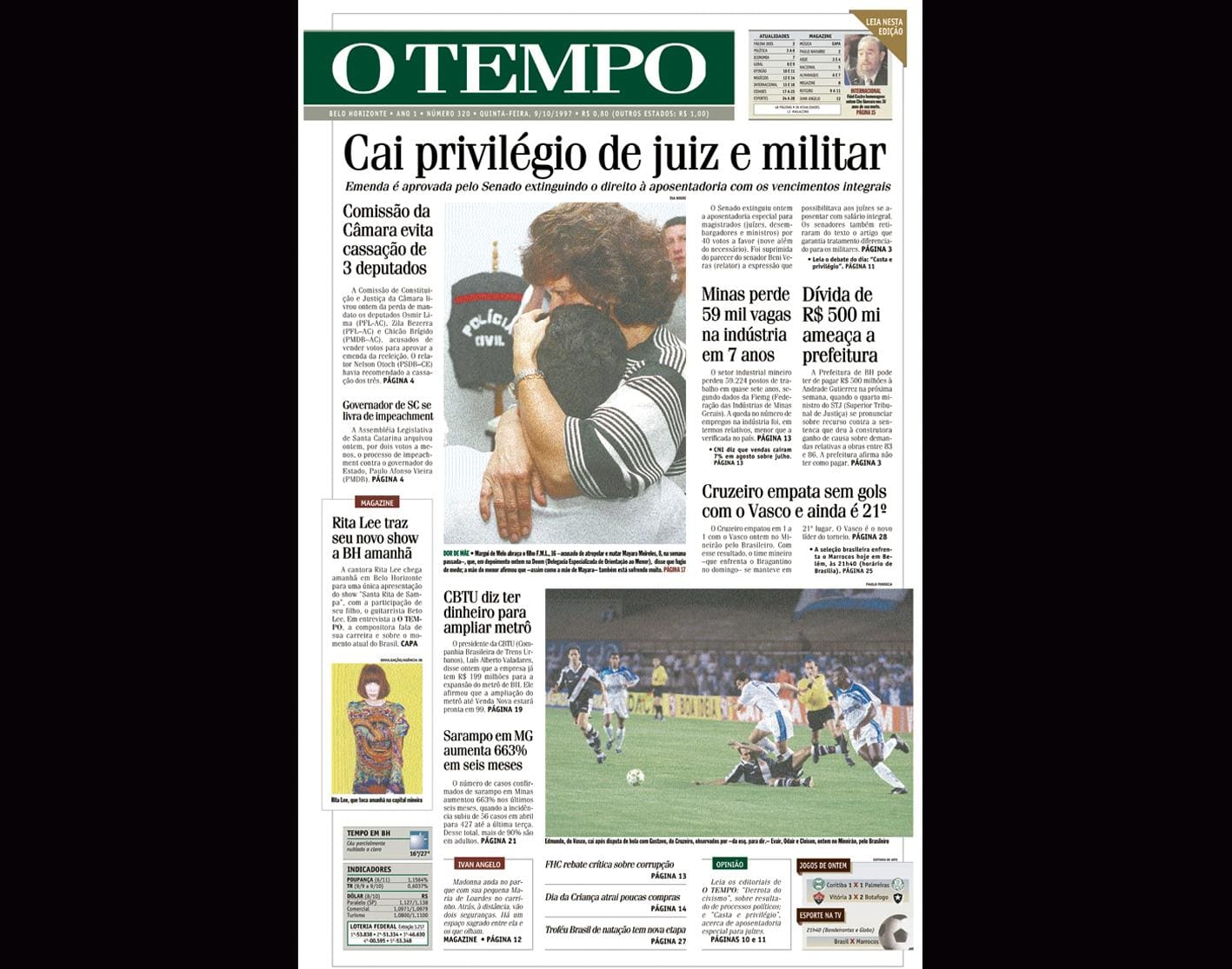 Capa do jornal O TEMPO no dia 9.10.1997; resgate do acervo marca as comemorações dos 25 anos da publicação