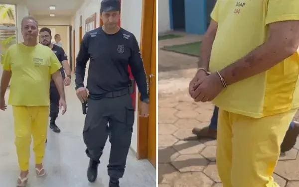 Prefeito de Iporá (GO), Naçoitan Araújo Leite, deixa fórum da cidade com uniforme de presidiário e algemado, após se entregar na quinta-feira (23)