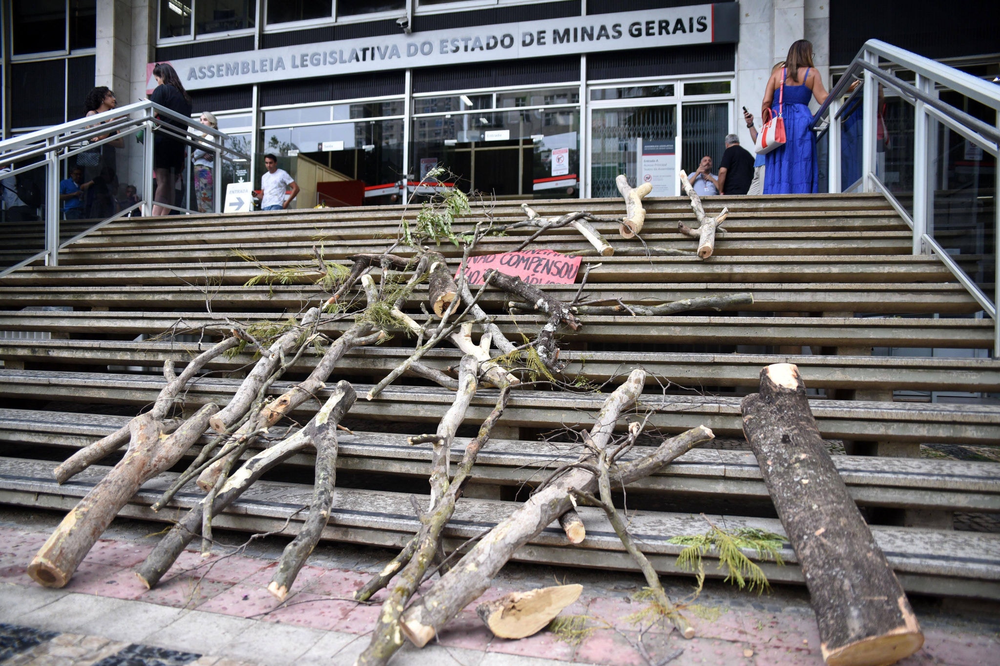 Galhos de árvores cortadas no entorno do Mineirão foram deixados na escadaria da Assembleia