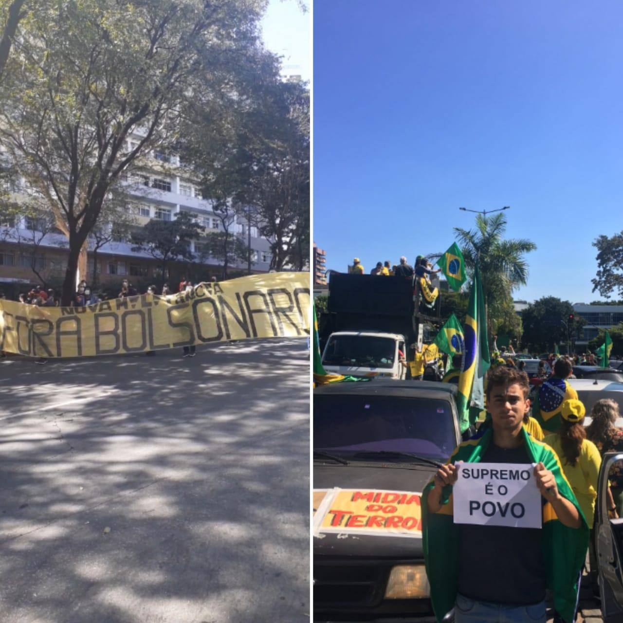 Grupos contra e a favor do presidente Jair Bolsonaro se manifestam em Belo Horizonte