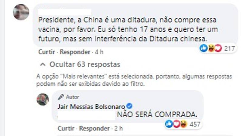 Print de comentário na rede social sobre a Coronavac no perfil de Bolsonaro