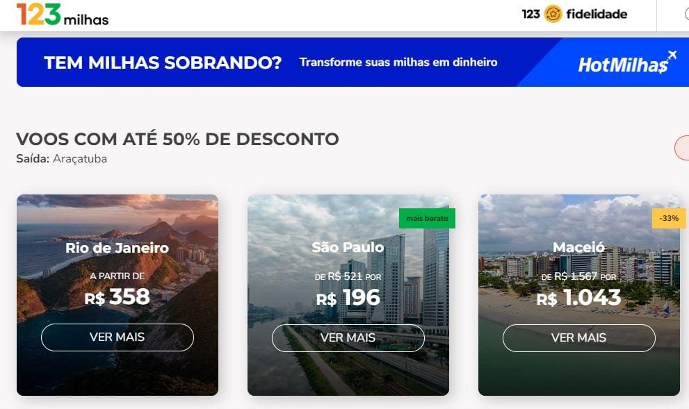 Site da 123 Milhas em 27/08/2023