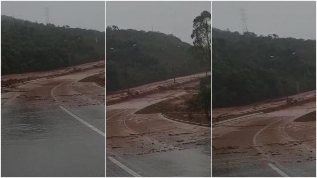 BR-040 está coberta de lama após transbordamento em região de barragem em Nova Lima