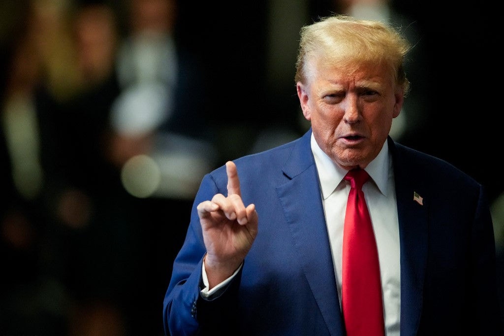 NEW YORK, NEW YORK - MAY 6: Former U.S. President Donald Trump speaks to the media after exiting court for the day at his trial for allegedly covering up hush money payments at Manhattan Criminal Court on May 6, 2024 in New York City. Trump was charged with 34 counts of falsifying business records last year, which prosecutors say was an effort to hide a potential sex scandal, both before and after the 2016 presidential election. Trump is the first former U.S. president to face trial on criminal charges.   Julia Nikhinson-Pool/Getty Images/AFP (Photo by POOL / GETTY IMAGES NORTH AMERICA / Getty Images via AFP)