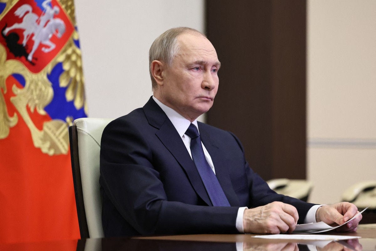 In this pool photograph distributed by Russian state agency Sputnik, Russia's President Vladimir Putin attends a meeting with Chief of the General Staff of the Russian Armed Forces via videoconference at the Novo-Ogaryovo state residence outside Moscow on April 26, 2025. (Photo by Alexander KAZAKOV / POOL / AFP)