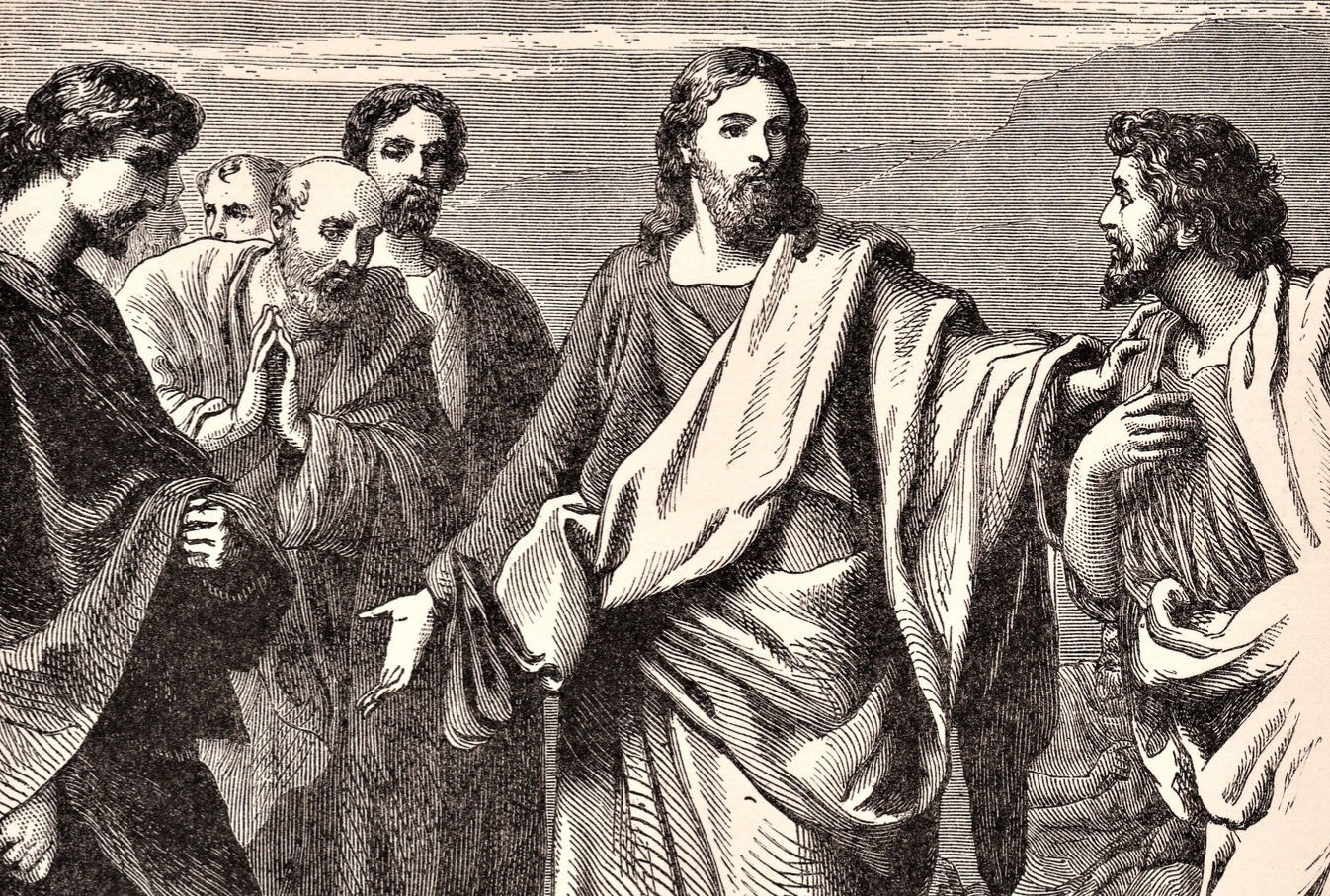 Reprodução de gravura sobre Jesus ao lado de seus apóstolos 