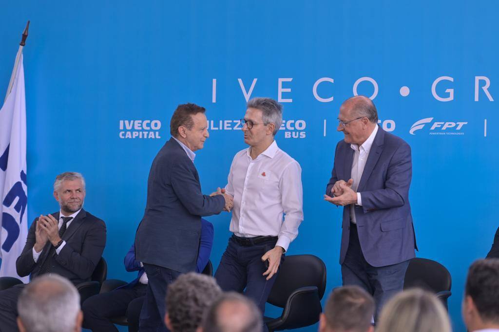O prefeito de Betim, Vittorio Medioli, o governador Romeu Zema e o vice-presidente, Geraldo Alckmin