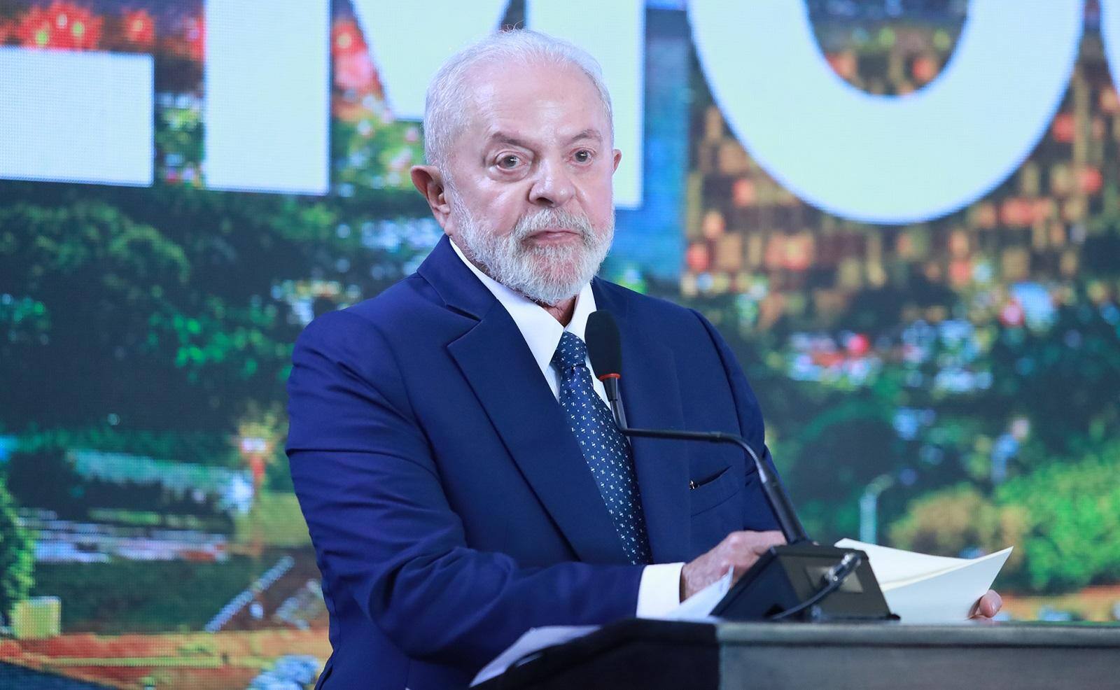 O presidente Lula durante o evento sobre o um ano do ataque às sedes dos Três Poderes, realizado no Congresso Nacional
