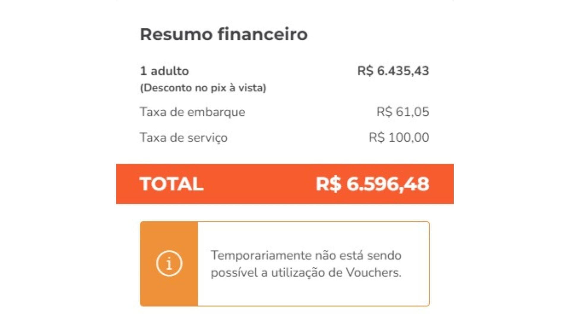 Print de mensagem no site da 123milhas que alerta sobre suspensão temporária de vouchers