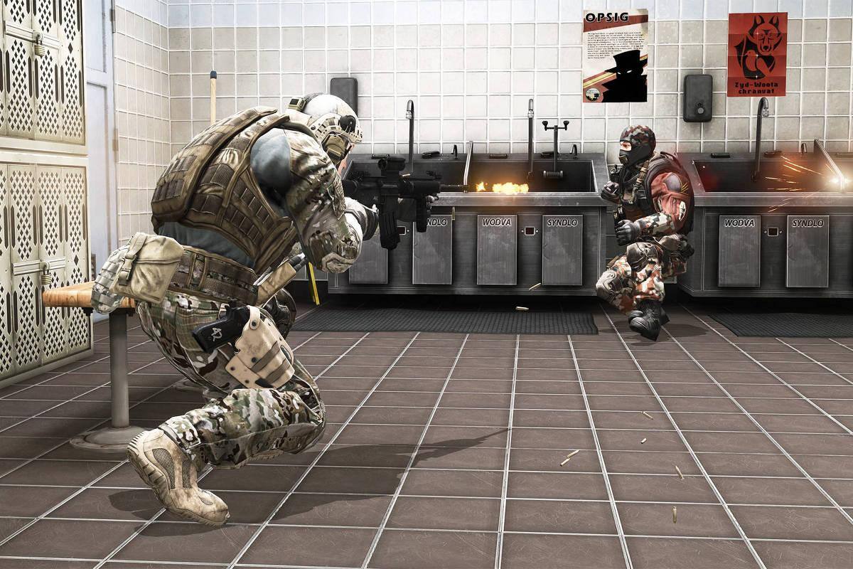 Soldado americano atira contra inimigo no game Proving Grounds, da série America's Army, que serviu de inspiração para o Exército brasileiro